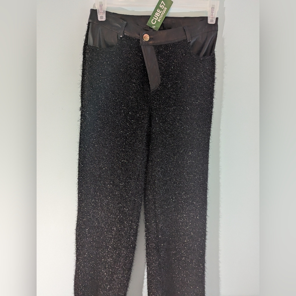 Black Textured Pants with Leather Accents